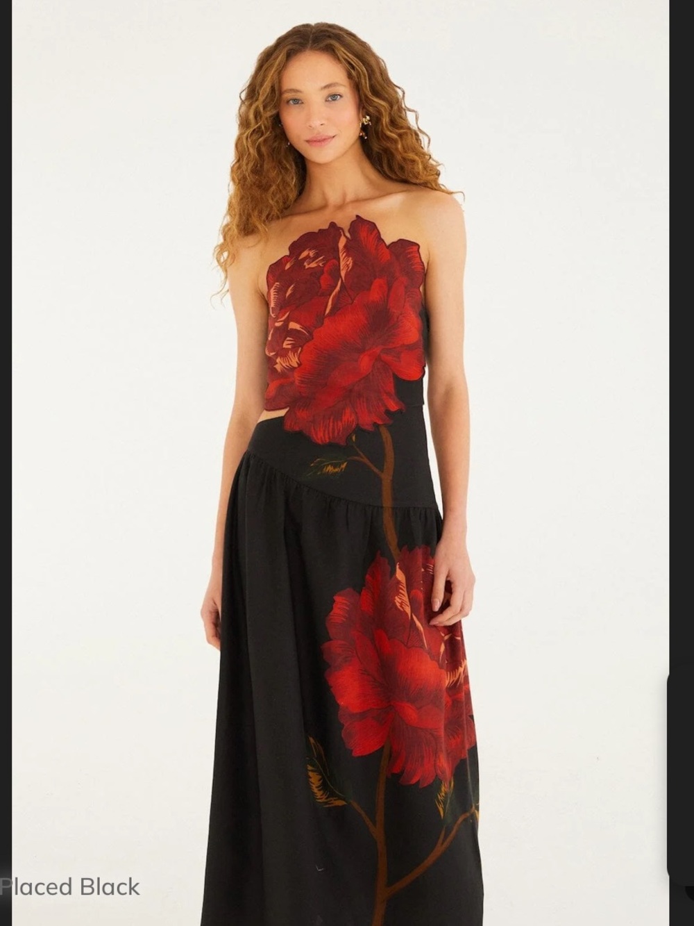 Farm Rio Black Strapless dress with Red Floral Print